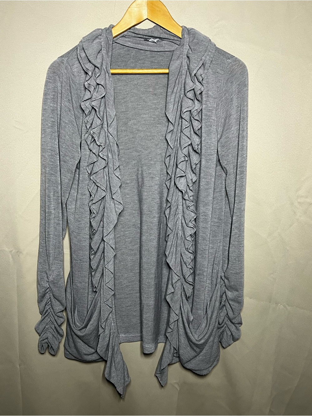 Charming Charlie Gray Ruffle Open Front Cardigan Ruched Sleeve Size L